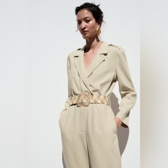 ZARA linen blend belted long sleeve jumpsuit 2157/057 A5 size small - Picture 1 of 9